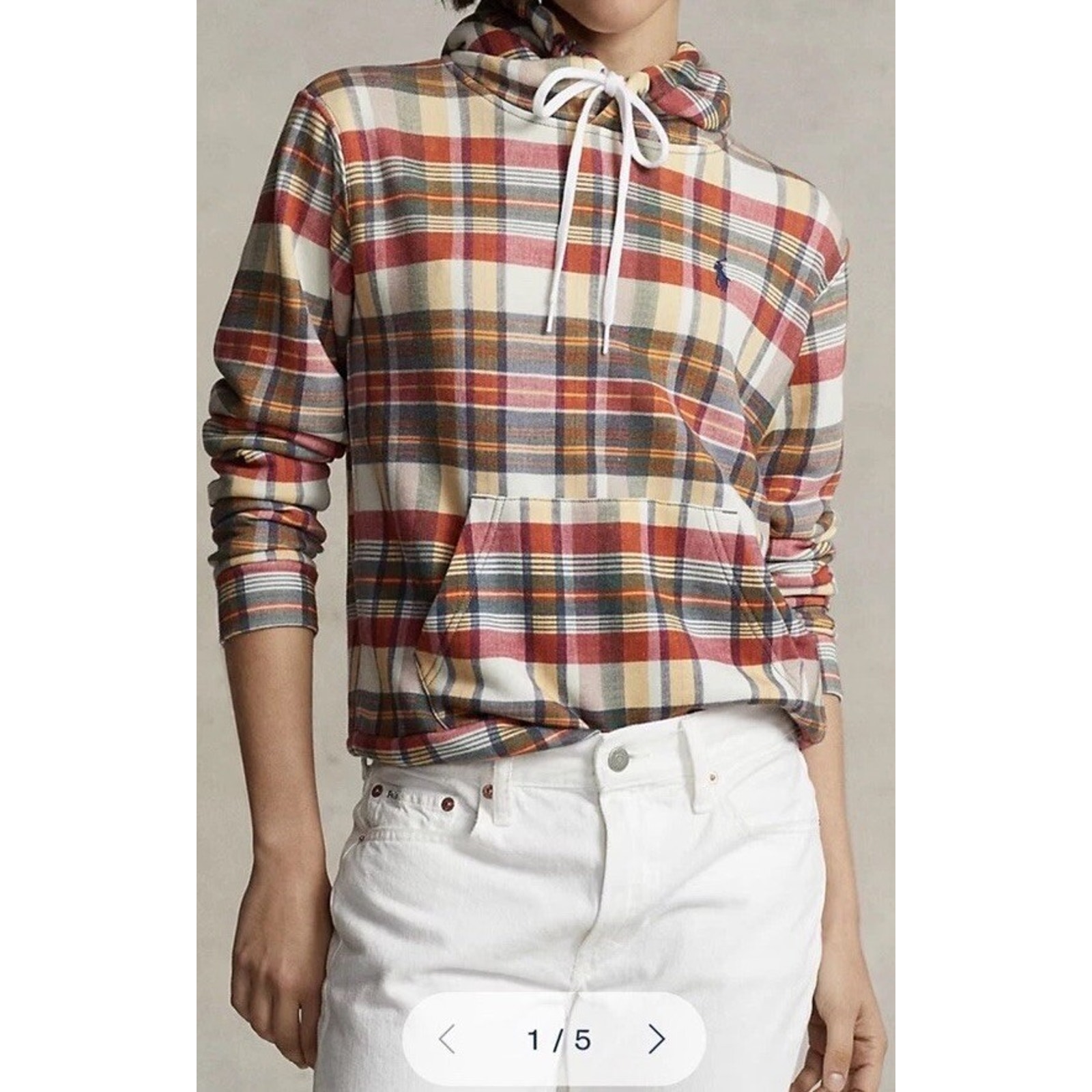 Polo Ralph Lauren Plaid French Terry Hoodie Small Preppy Classic American Red